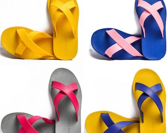 Kids / Adults Cross Slider - Mix & Match - Hand Assembled - Made from Recycled Materials - Choose Your Own Sole and Strap Colours