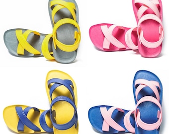Kids / Adults Cross Sandals - Hand Assembled - Made from Recycled Materials - Choose Your Own Sole and Strap Colours