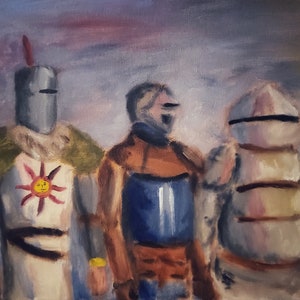 May include: A painting depicting three figures in armour, one with a sun symbol on their chest. The figures are painted in a realistic style using muted colours.