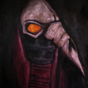 May include: A painting of a person wearing a dark mask with a long, pointed beak. The mask has an orange eye and the person is wearing a dark red robe.