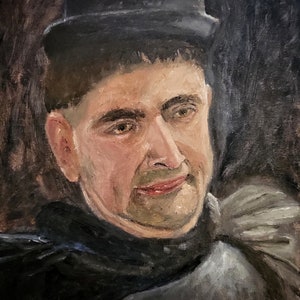 May include: Oil painting portrait of a man wearing a black top hat and a dark jacket. The man has a light complexion and is smiling.
