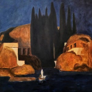 May include: A painting of a small sailboat sailing between two rocky islands. The islands are a dark orange color and have a few windows. The background is a dark blue sky with a row of tall, dark trees.