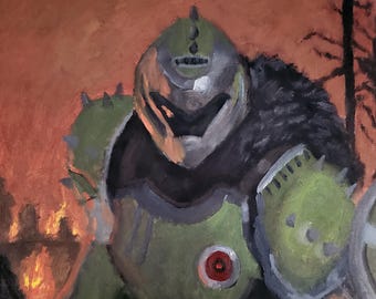 Pode incluir: Pintura a óleo de um guerreiro futurista em armadura verde e prateada, contra um fundo laranja e preto. O guerreiro tem um capacete com viseira e um emblema circular vermelho no peito. A obra evoca ficção científica ou fantasia.