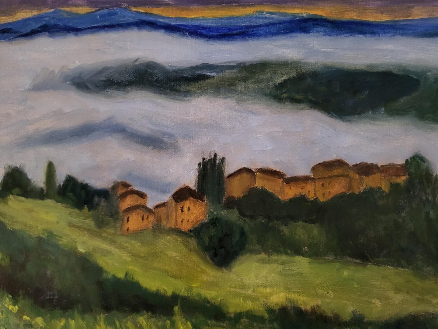 霧深いトスカーナの田園地帯 - オリジナルの風景油絵 - アーティスト