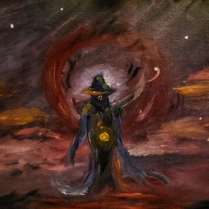 Könnte beinhalten: Ein Gemälde, das eine Figur in einem dunklen Gewand und einem spitzen Hut zeigt, die eine leuchtende Kugel in der Hand hält und vor einem wirbelnden roten und violetten Hintergrund mit Sternen steht.