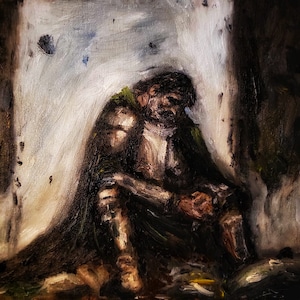 May include: A painting of a person in dark clothing and armor sitting in a shadowy corner. The person's face is obscured by the shadows, but their posture suggests sadness or despair.
