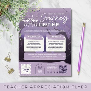 Editable Travel Themed Teacher Appreciation Flyer | Printable Template for Teacher Appreciation Week Schedule | First Class Staff Itinerary