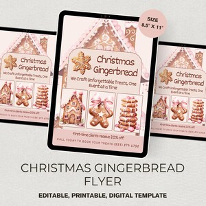 Op de afbeelding: Een digitale flyer-sjabloon van 21,59 cm bij 27,94 cm met een kerst-peperkoekthema. Het ontwerp bevat illustraties van een peperkoekhuisje, een stervormig koekje met een roze strik en een stapel koekjes met glazuur.