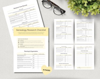 Lista de verificación para investigación genealógica / Árbol genealógico y registros ancestrales editables, imprimibles y rellenables / Plantilla de historia familiar en PDF