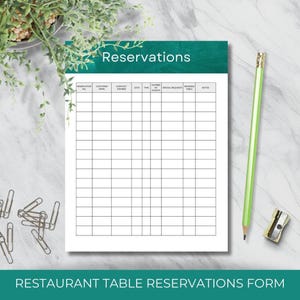 Printable Restaurant Table Reservation Form for Managing Bookings and Waitlists in Cafe's and other Food Establishments | Editable Download