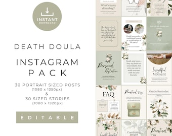 Death Doula Instagram Bundle of Editable Posts and Story Templates | Done For You End Of Life and Grief Support Content