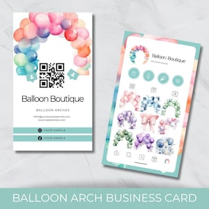 バルーンアーティストやイベントプランナー向けのバルーンアーチ名刺 | クライアントへのマーケティング用 QR コード付き編集および印刷可能なテンプレート