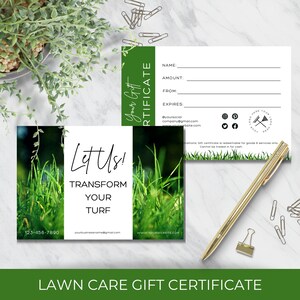 Plantilla de certificado de regalo de servicio de cuidado del césped personalizable, vale imprimible y editable para corte de césped y trabajos de jardinería, mantenimiento del césped