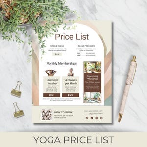 Folleto de precios de clases de yoga / Plantilla editable / Imprimible y digital