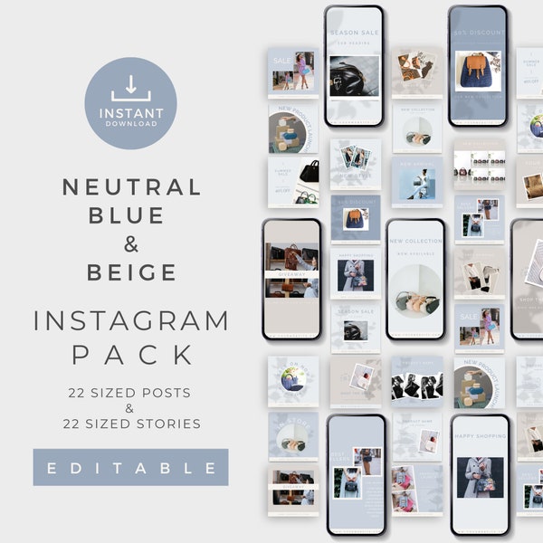 Neutral Blue And Beige Instagram Pack, Minimalistic Design Product Posts, Instant Download, Editable Canva Template, Social Media, MM005