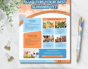 Plantilla de folleto para campamento de verano infantil / Póster editable e imprimible