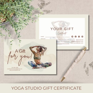 Yoga Studio Geschenkgutschein-Vorlage für Kunden und Yoga-Liebhaber, bearbeitbare Visitenkarte für Marketing und Werbung