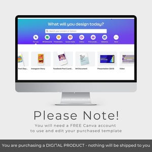 The image is a screenshot of a website called Canva, which offers various design tools and services. The website has a question asking What will you design today? and displays a list of design options such as Post, Instagram Story, Facebook Post, A4 Document, and Video. The text at the bottom of the image suggests that the user will need a free Canva account to use and edit their purchased template.