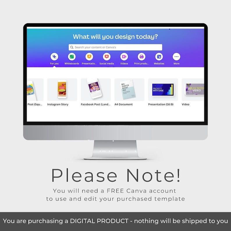 The image is a screenshot of a website called Canva, which offers various design tools and services. The website has a question asking What will you design today? and displays a list of design options such as Post, Instagram Story, Facebook Post, A4 Document, and Video. The text at the bottom of the image suggests that the user will need a free Canva account to use and edit their purchased template.