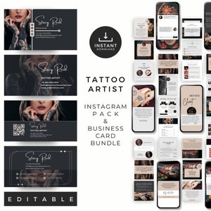 Tattoo Artist Business Card, Editable Instagram Templates, Marketing Bundle For Tattoo Studio, Instant Download, Tattoo Social Media Posts