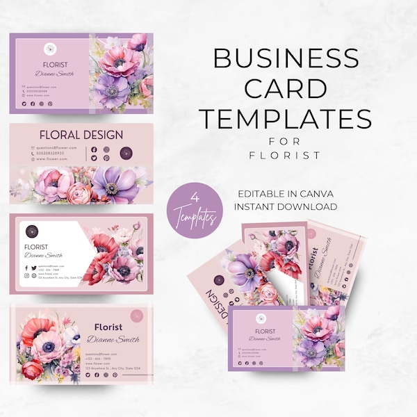 Florist Business Cards, Editable and Printable Templates for Floral Designer, Instant Download, Flower Shop Marketing and Advertising