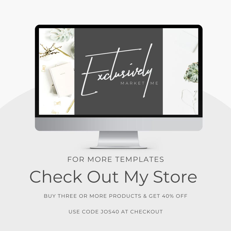 The image is a computer monitor displaying a website with a black background and white text. The website appears to be selling products, as indicated by the text Market Me Exclusively. The monitor is placed on a white surface, and there are various items such as a notebook, a pen, and a plant visible on the screen. The image also includes text that provides information about the website, including a promotion for buying three or more products and a 40% discount.
