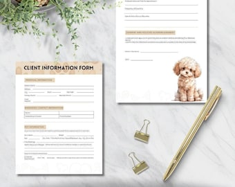 編集可能な犬のグルーミング事業受付フォーム テンプレート | 印刷可能なクライアント情報シート | ペット グルーミング サービス フォーム | 即時ダウンロード
