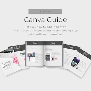 The image is promotional material for a Canva Guide that is included with purchase. The text on the image highlights the benefits of the guide, such as providing access to step-by-step instructions for editing in Canva.