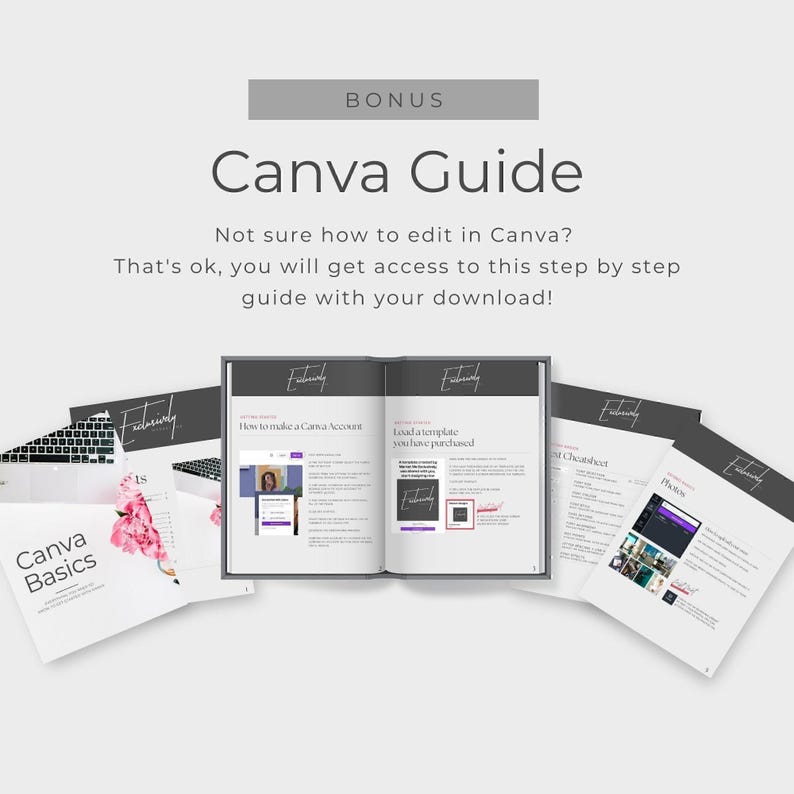 The image is promotional material for a Canva Guide that is included with purchase. The text on the image highlights the benefits of the guide, such as providing access to step-by-step instructions for editing in Canva.