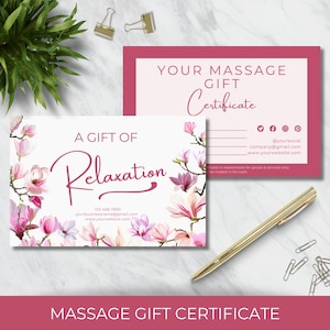 Certificado de regalo de masaje imprimible / Regalo de día en el spa / Plantilla editable / Descarga instantánea / Vale de regalo de spa / Tarjeta de regalo de masaje