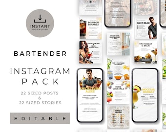 Bartender Instagram Bundle of Post and Story Templates | Editable Done For You Social Media Templates for Event Mixologists and Bar Keepers