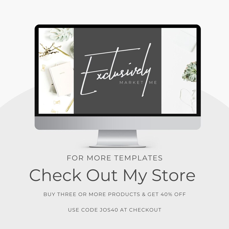 The image is a computer monitor displaying a website with a black background and white text. The website appears to be selling products, as indicated by the text Market Me Exclusively. The monitor is placed on a white surface, and there are various items such as a notebook, a pen, and a plant visible on the screen. The image also includes text that provides information about the website, including a promotion for buying three or more products and a 40% discount.