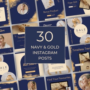 Instagram Template Canva | Navy Gold | Business Instagram Posts | Editable Canva Template | Navy And Gold Instagram Feed | Social Media Post