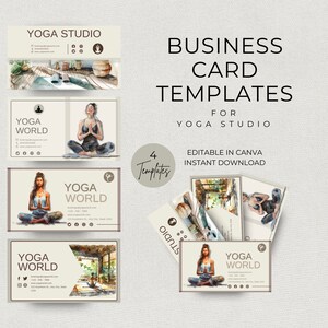 Modelli di biglietti da visita per insegnanti di yoga, biglietti da visita moderni modificabili e stampabili per studi di yoga e terapisti, download istantaneo facile