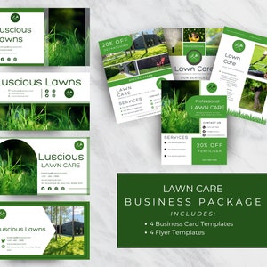 Rasenpflege und Landschaftsbau Business Bundle von bearbeitbaren Visitenkarten- und Flyer-Vorlagen | Marketingmaterialien für Rasenpflege-Profis