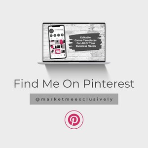 The image is a promotional graphic called Find Me On Pinterest. It features a laptop displaying a smartphone interface, along with text and a social media logo.