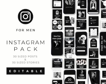 Male Instagram | Black Canva Template | Dark IG Template | Instant Download | Black Social Media Posts | Instagram Stories And Posts Pack