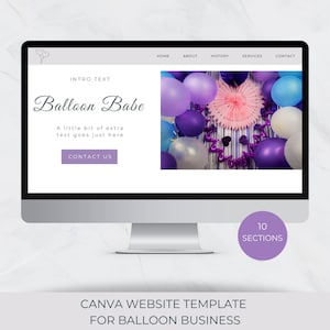 Site de negócios com balões, modelo editável, download instantâneo, landing page para artista de balões, site de marketing roxo para estilistas