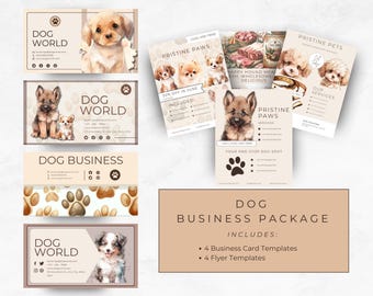 Pakiet wizytówek i ulotek dla firm z branży Dog Business, które można edytować, dla osób zajmujących się wyprowadzaniem psów, pielęgnacją, szkoleniem i innymi profesjonalistami zajmującymi się opieką nad zwierzętami