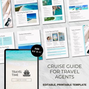 May include: A digital cruise guide template for travel agents featuring multiple pages with travel imagery, cruise tips, and shore excursion details. The cover page displays the text Travel Time Cruise Guide and a ship icon, measuring 8.5 inches by 11 inches.