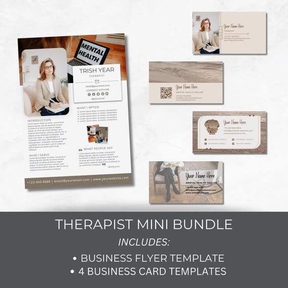 Mental Health Flyer and Business Card Bundle, Marketing Material For Therapist, Instant Download, Editable Printable Templates, Psychologist