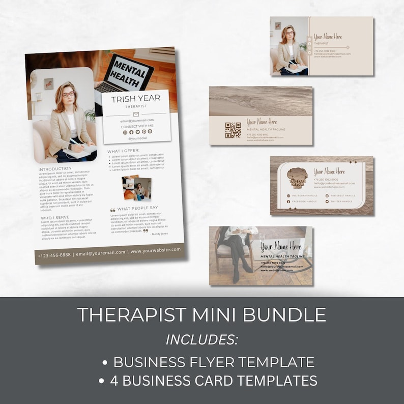 Mental Health Flyer and Business Card Bundle, Marketing Material For Therapist, Instant Download, Editable Printable Templates, Psychologist image 1