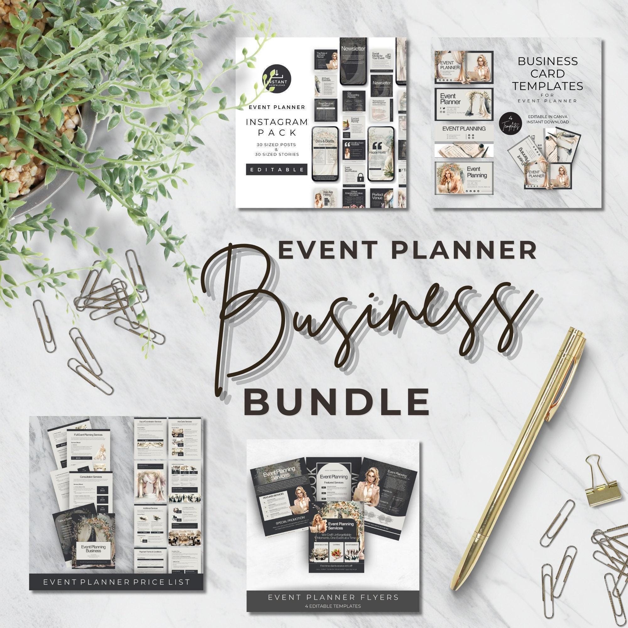 Event Planner Editable Template Bundle Includes Business Cards, Flyers, Pricing Guide and Done For You Instagram Posts and Story Content
