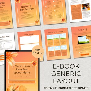 Puede incluir: Un conjunto de plantillas de libro electrónico con múltiples diseños de página, fondo degradado naranja y detalles florales. Las páginas incluyen encabezados como Name of the Section, Let's Recap y Words to Remember, midiendo 21,59 cm por 27,94 cm.