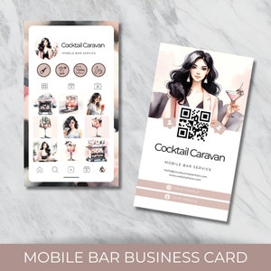 Mobile Bar Business Card Template for Networking at Events | Vertical Instagram Style Marketing and Branding Card with QR Code for Bartender
