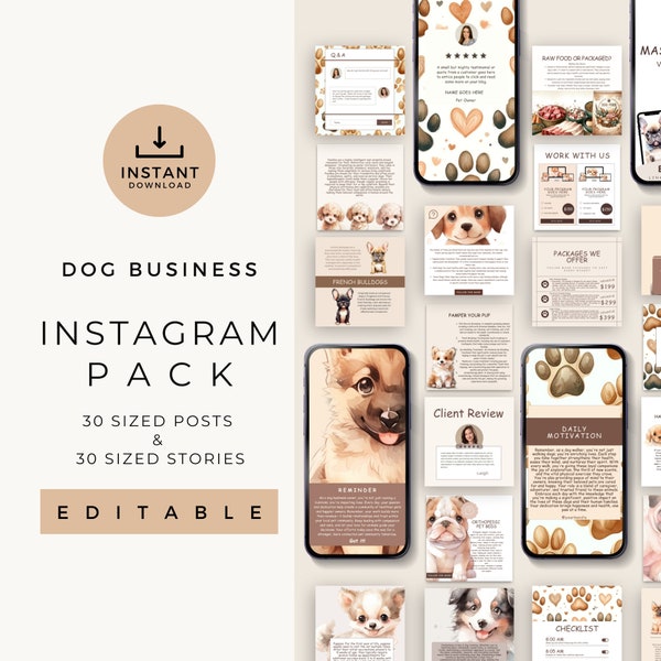 Kit voor sociale media voor hondenbedrijven, bewerkbare Instagram-post- en verhaalsjablonen, voor u klaar Marketinginhoud voor professionele dierenwinkels