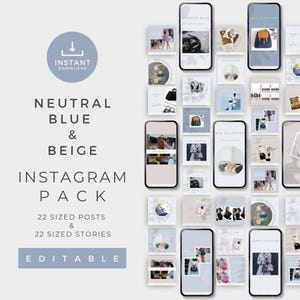 Neutraal blauw en beige Instagram-pakket, minimalistisch design productposts, direct downloaden, bewerkbare canva-sjabloon, sociale media, MM005