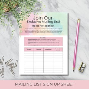 Mailing List Sign Up Template for Businesses | Editable and Printable Sheet to Gather Client Email Addresses for Marketing and Sharing Info