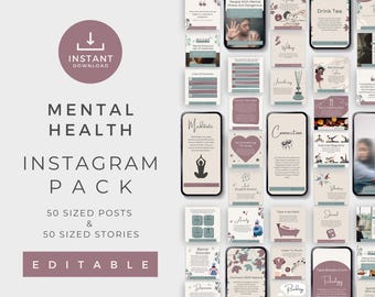Plantillas de Instagram de Canva sobre bienestar / Publicaciones editables sobre salud mental