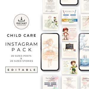 チャイルドケア Instagram 投稿とストーリー テンプレートのバンドル | デイケア センターと幼稚園向けの編集可能なソーシャル メディア コンテンツ